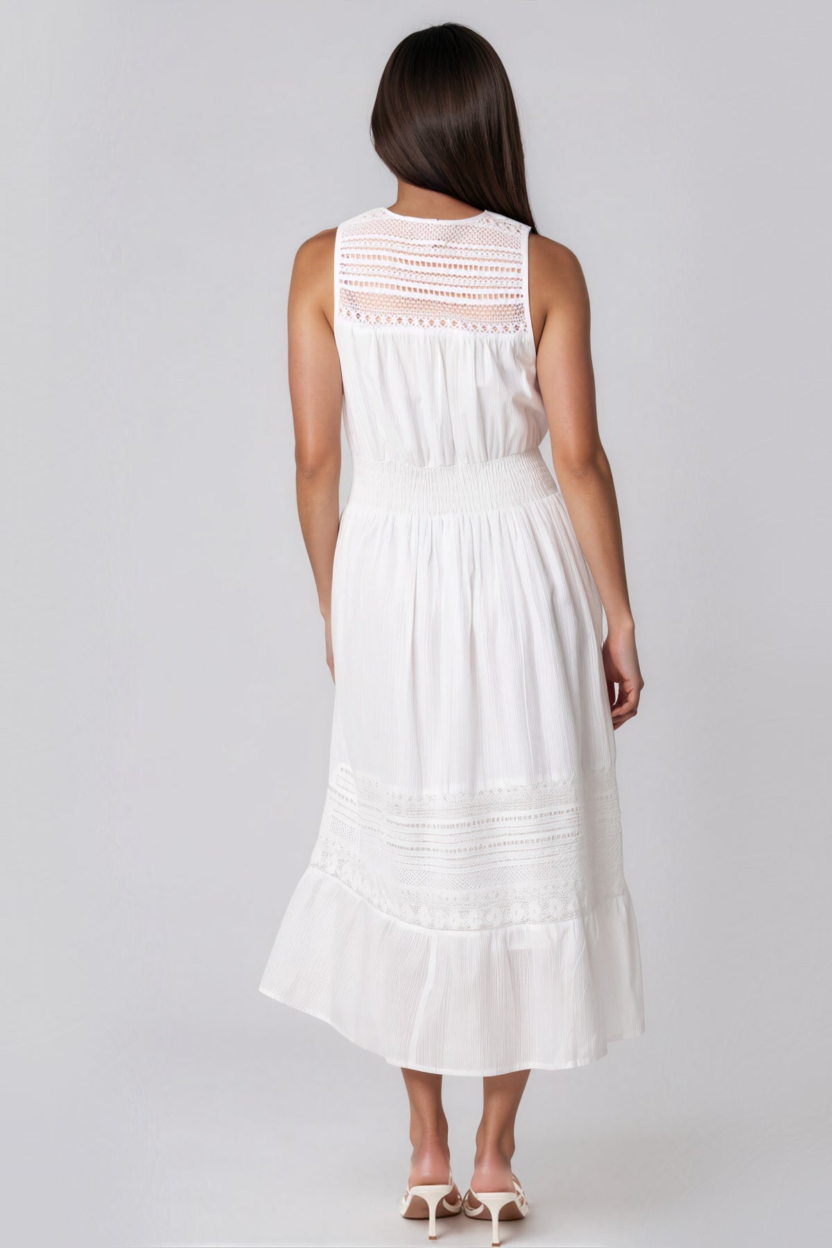 Ivory Button Through Crochet Cotton Midi Dress-2