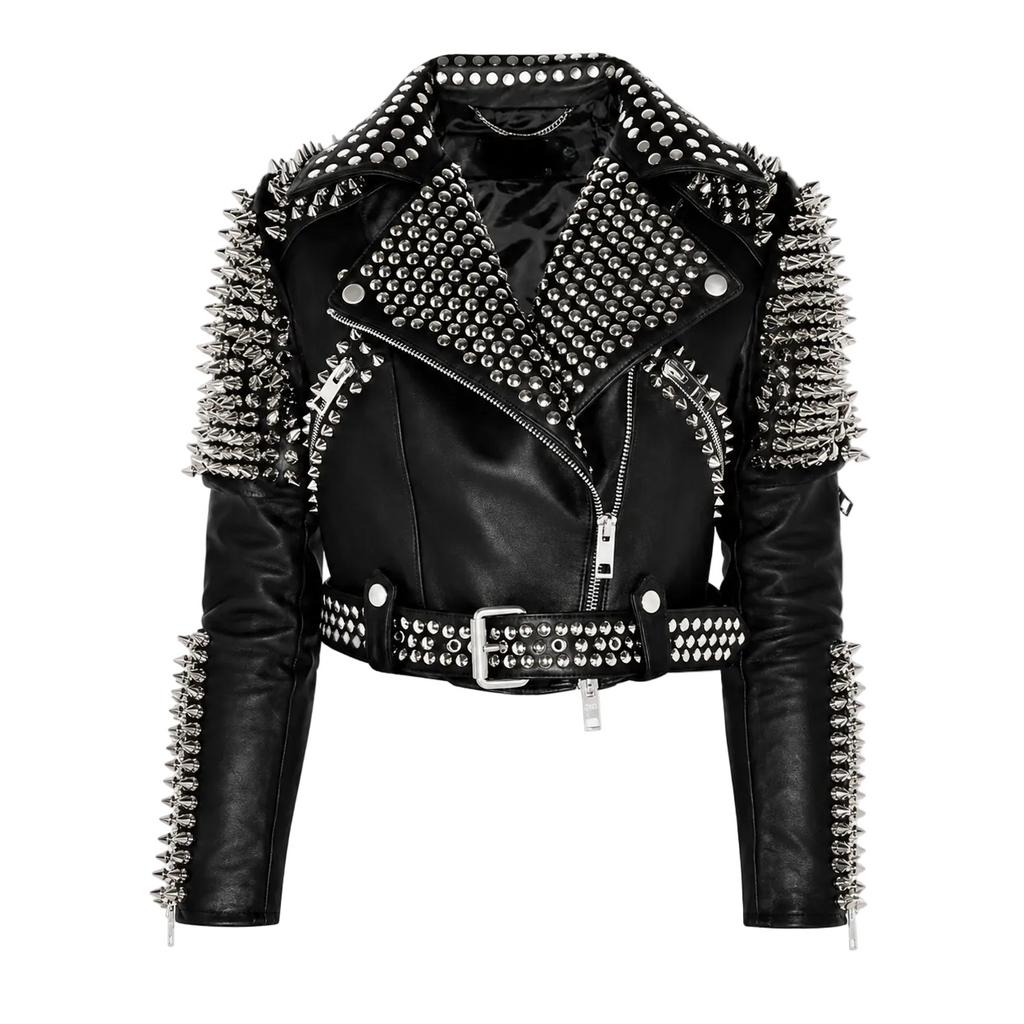 Women’s Silver Studded Punk Rock Biker Jacket Leather-0
