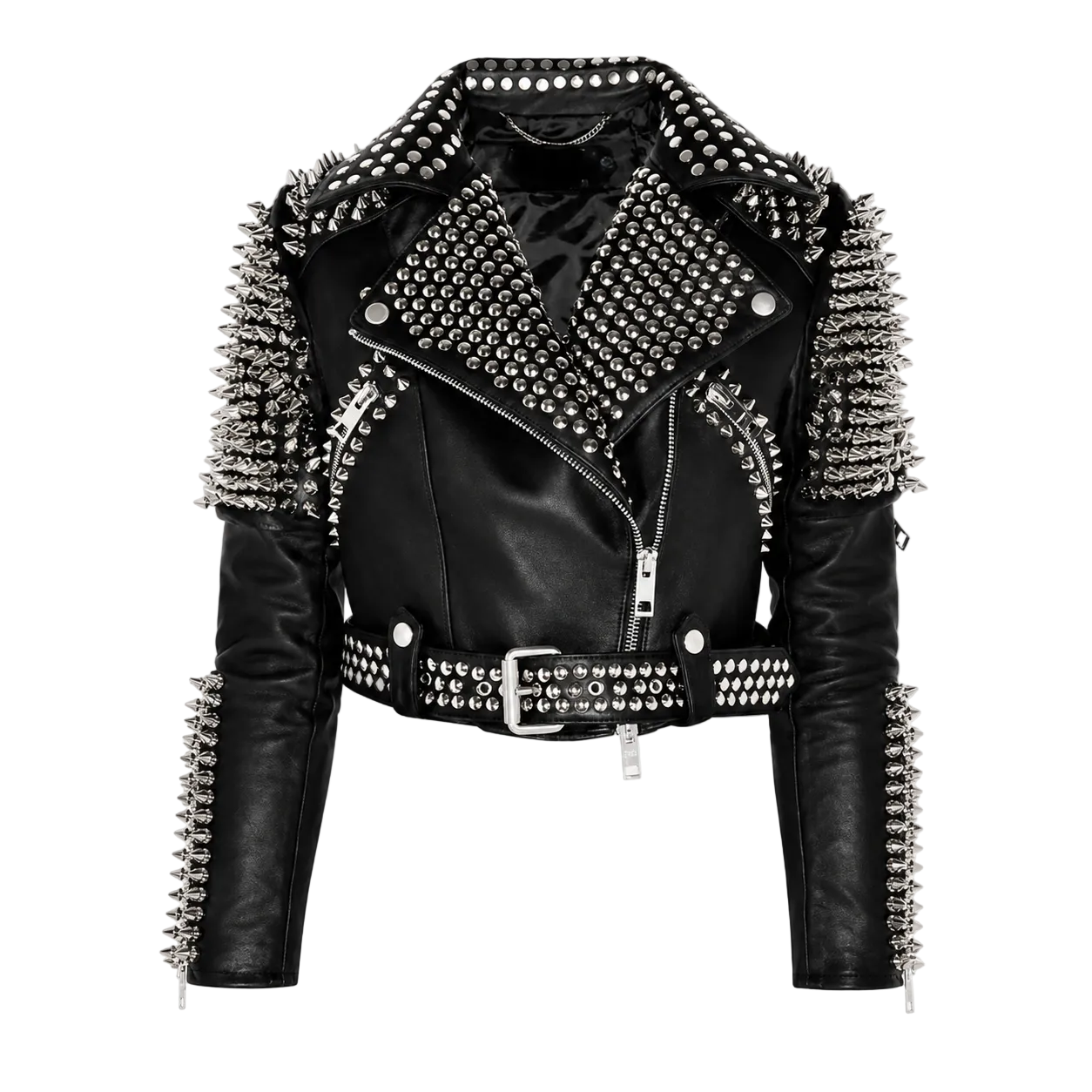 Women’s Silver Studded Punk Rock Biker Jacket Leather-0