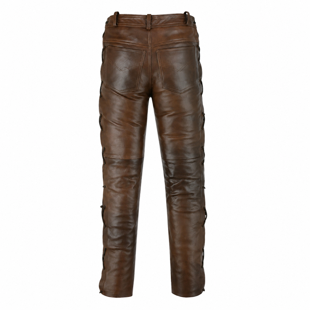 Men’s Brown Leather Pants with Side Laces-2