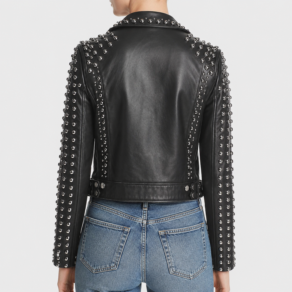 Women’s Silver Studded Punk Fashion Leather Jacket-1