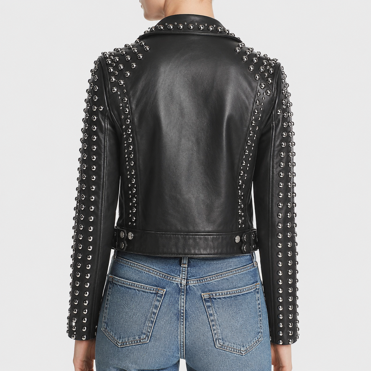 Women’s Silver Studded Punk Fashion Leather Jacket-1