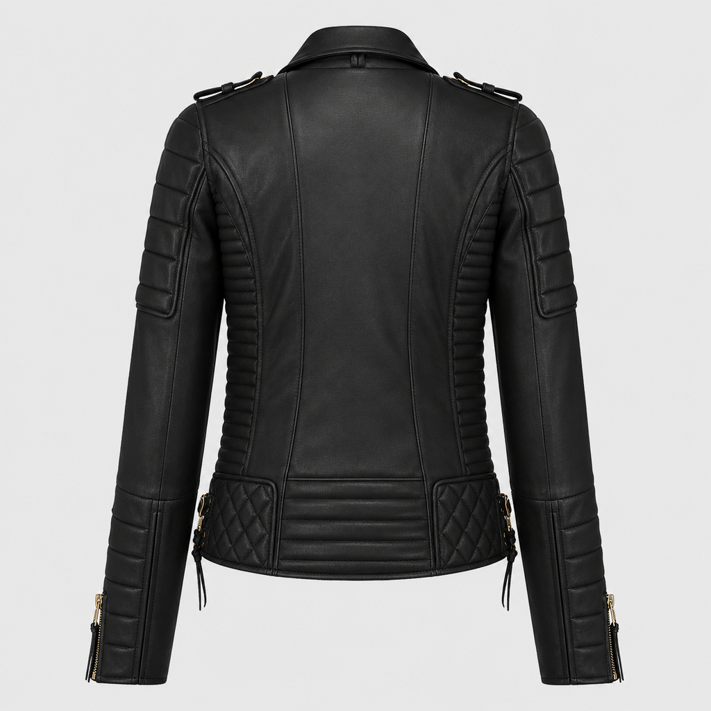 Women’s Classic Motorcycle Fashion Leather Jacket with Golden Zipper-1