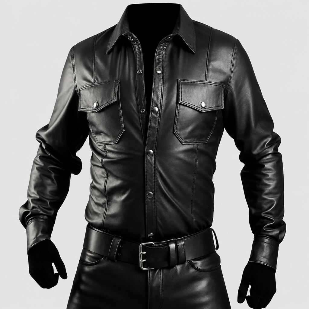 Men’s Police Officer Black Leather Shirt-0