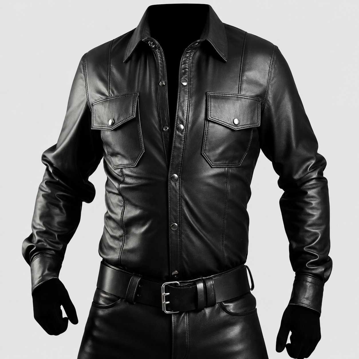 Men’s Police Officer Black Leather Shirt-0