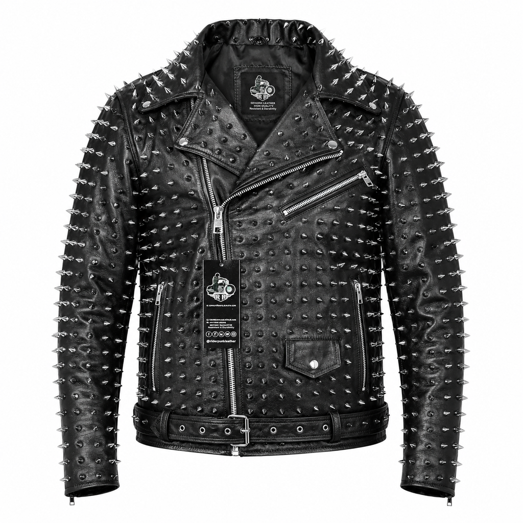 Men’s Punk Studded Cowhide Leather Jacket-4