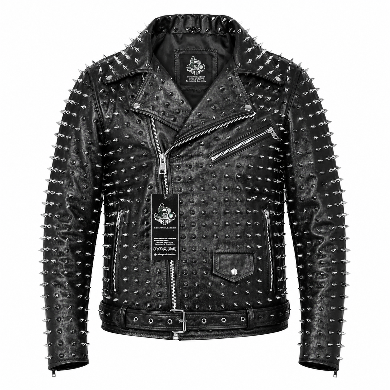 Men’s Punk Studded Cowhide Leather Jacket-4