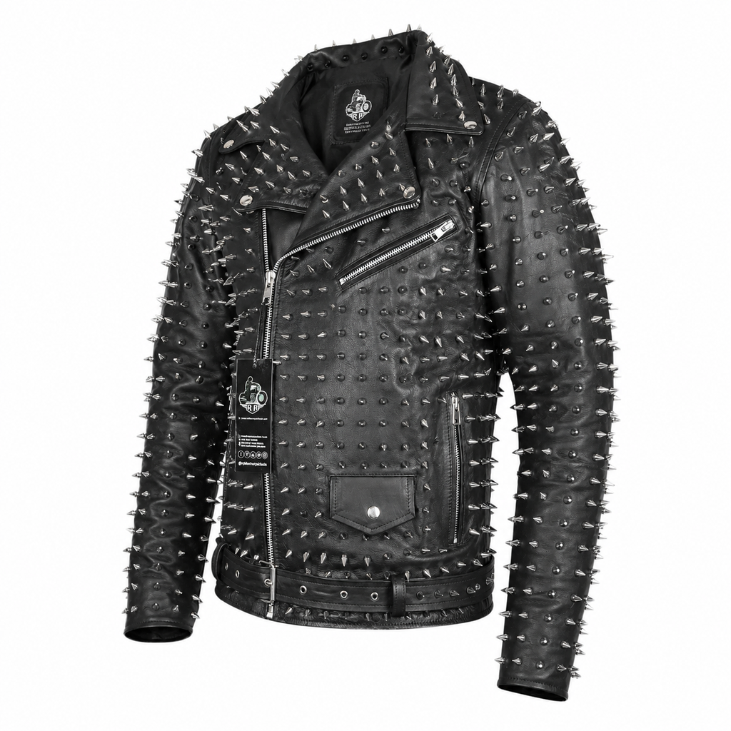 Men’s Punk Studded Cowhide Leather Jacket-3