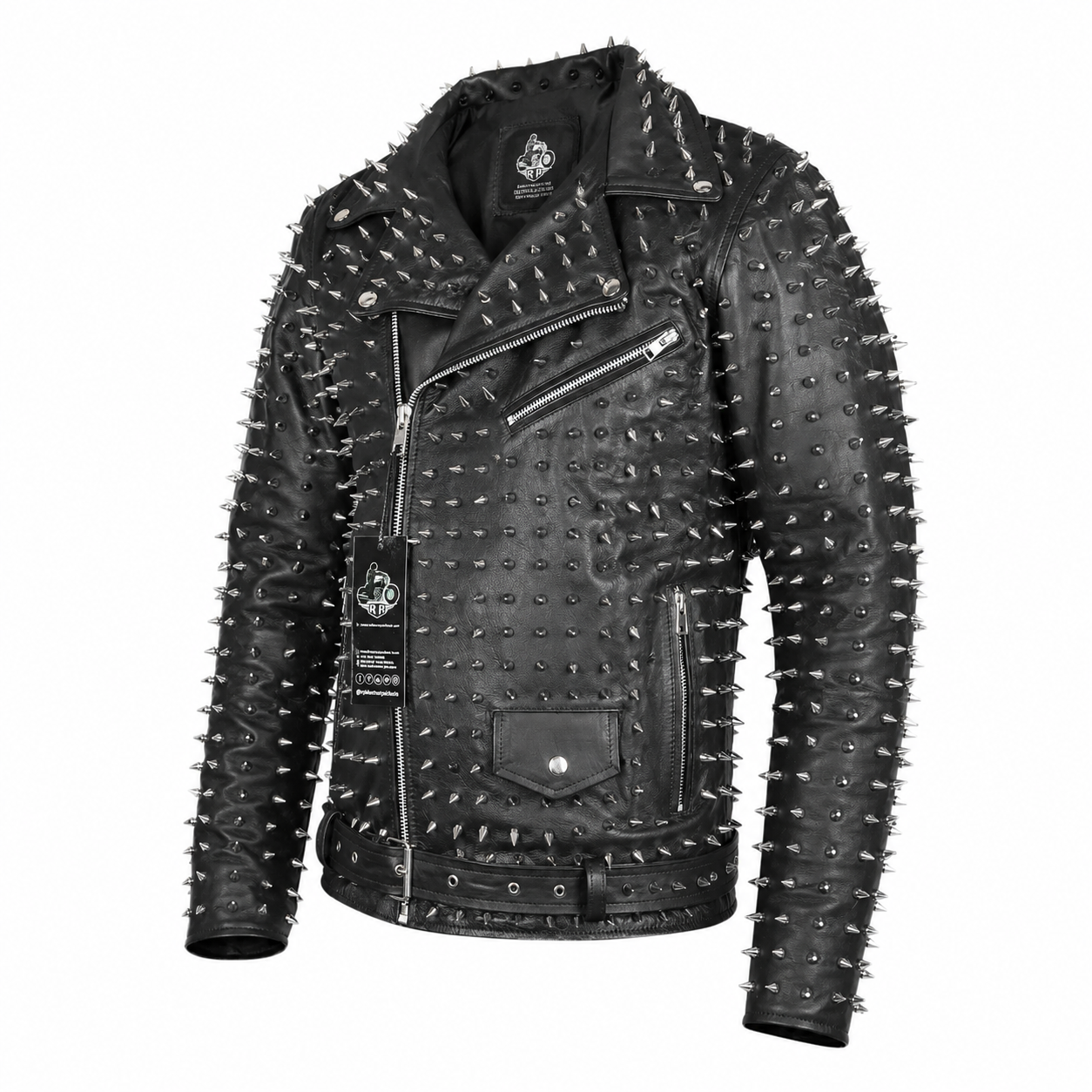 Men’s Punk Studded Cowhide Leather Jacket-3