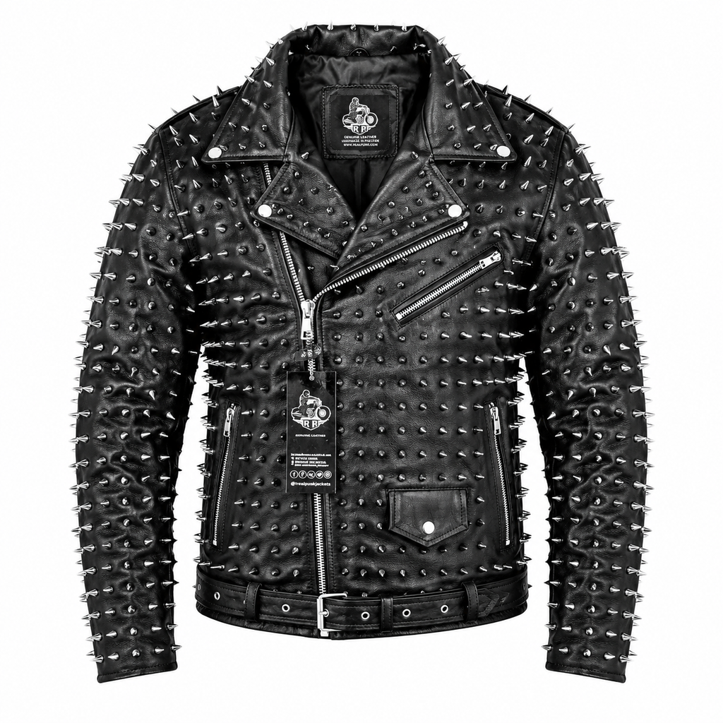 Men’s Punk Studded Cowhide Leather Jacket-0