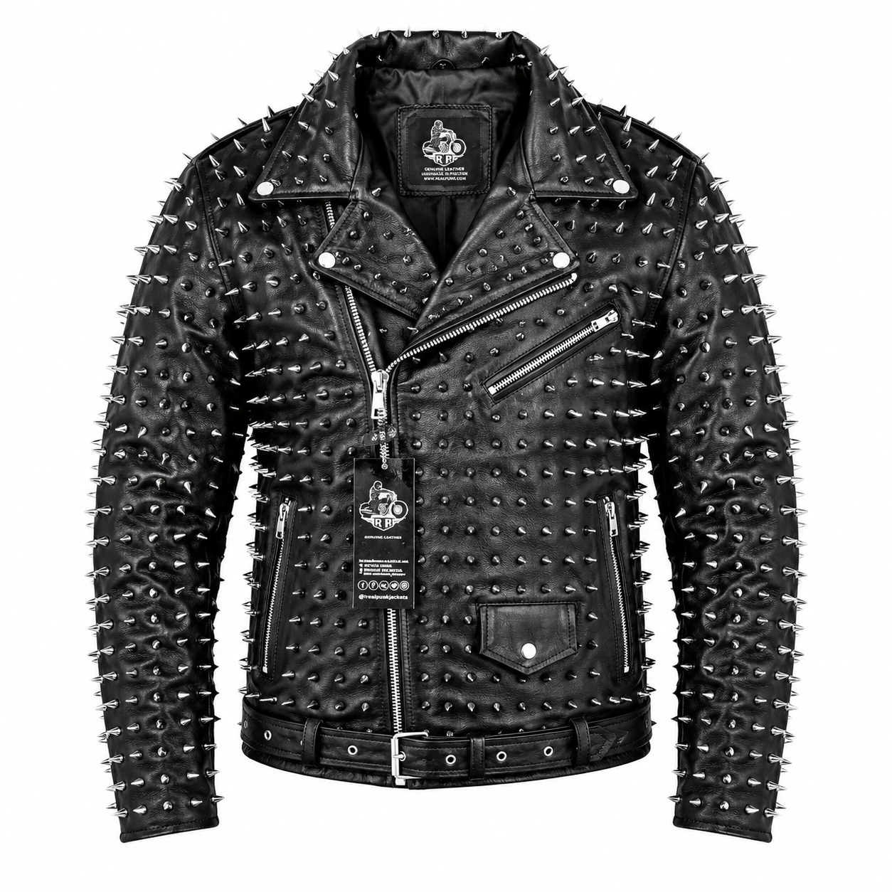 Men’s Punk Studded Cowhide Leather Jacket-0