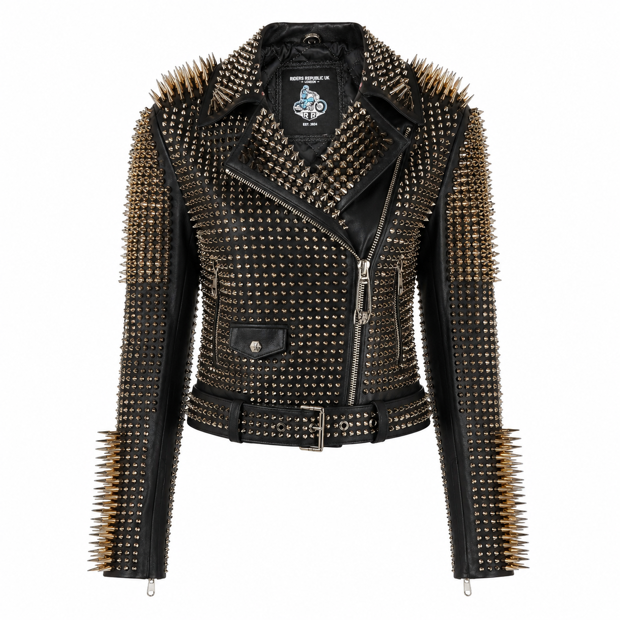 Women’s Golden Studded Leather Biker Jacket-0