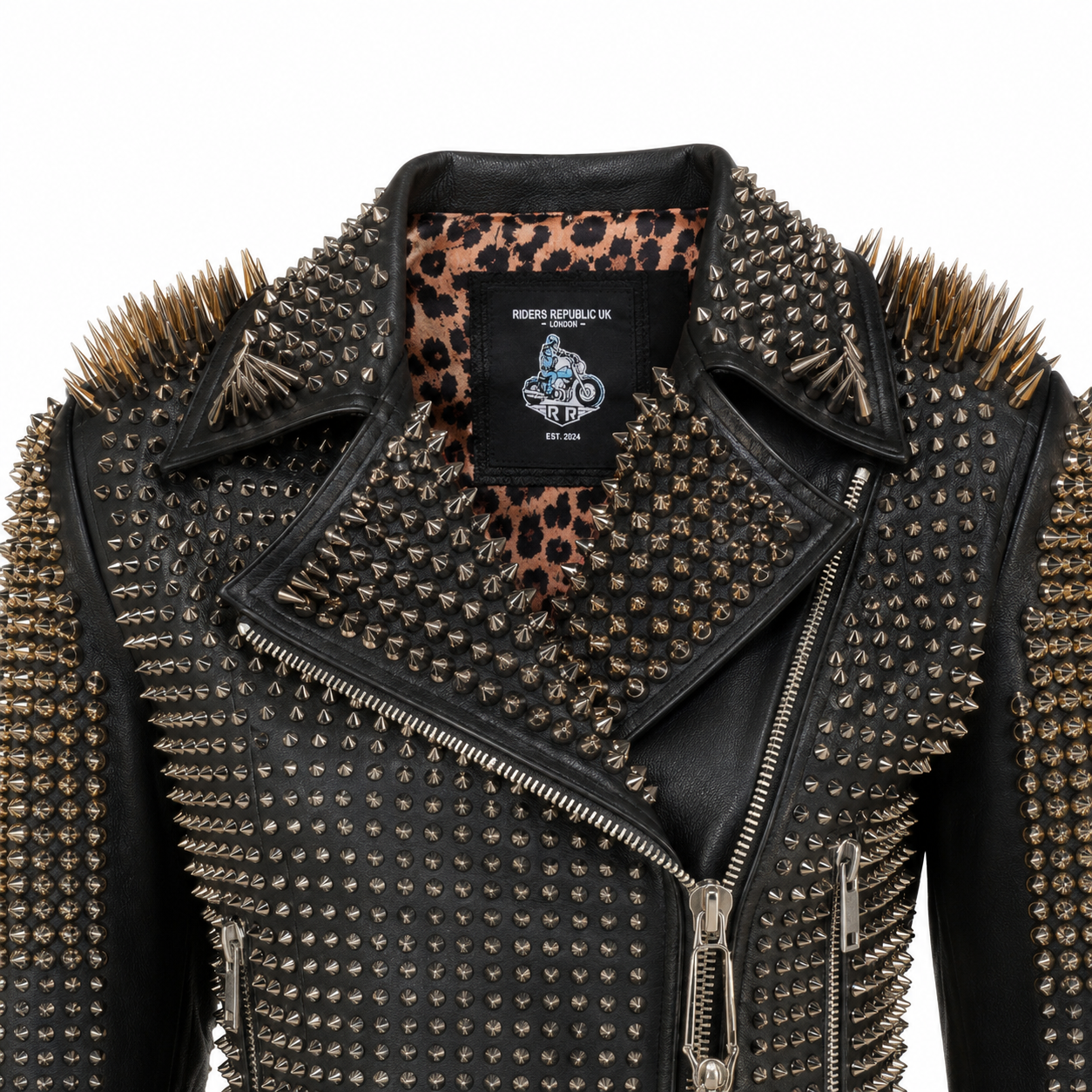 Women’s Golden Studded Leather Biker Jacket-2