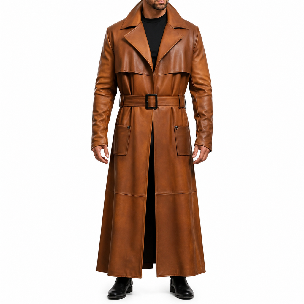 Men’s Peanut Brown Distressed Leather Duster Coat-0