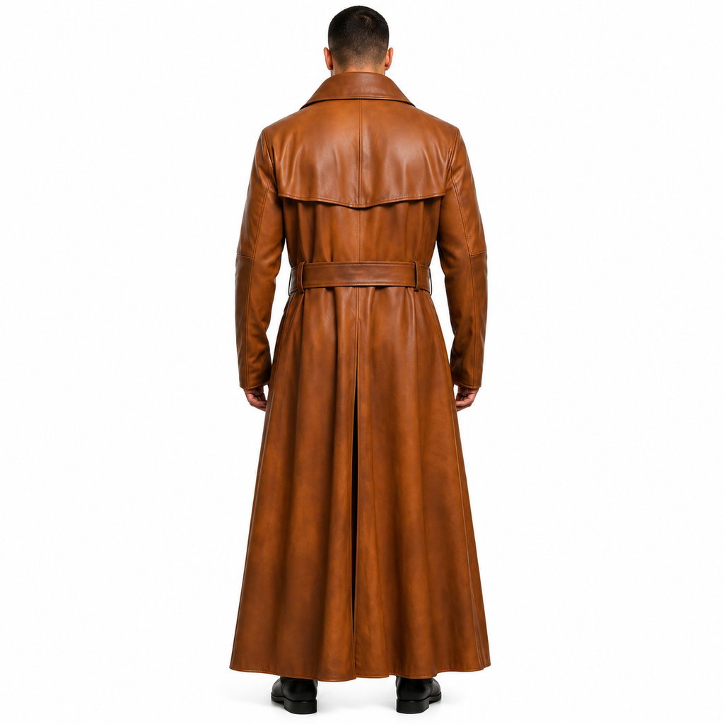 Men’s Peanut Brown Distressed Leather Duster Coat-1