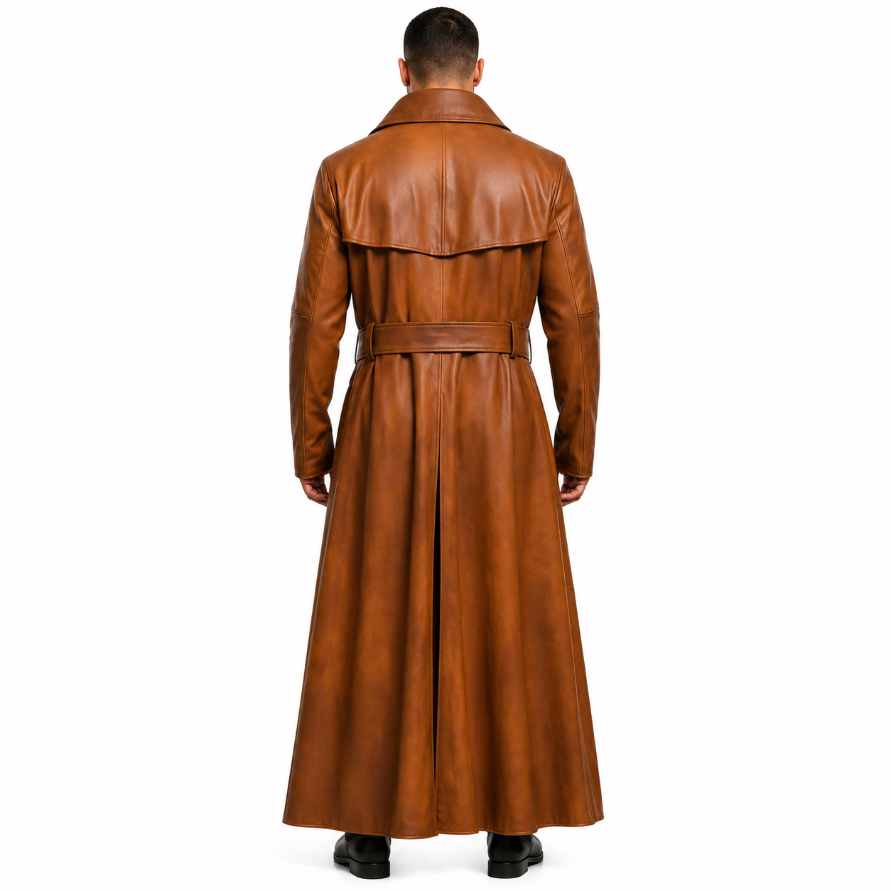 Men’s Peanut Brown Distressed Leather Duster Coat-1