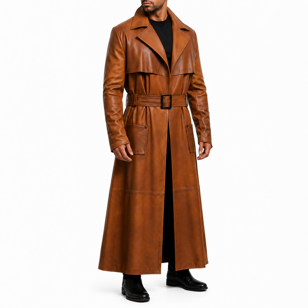 Men’s Peanut Brown Distressed Leather Duster Coat-2
