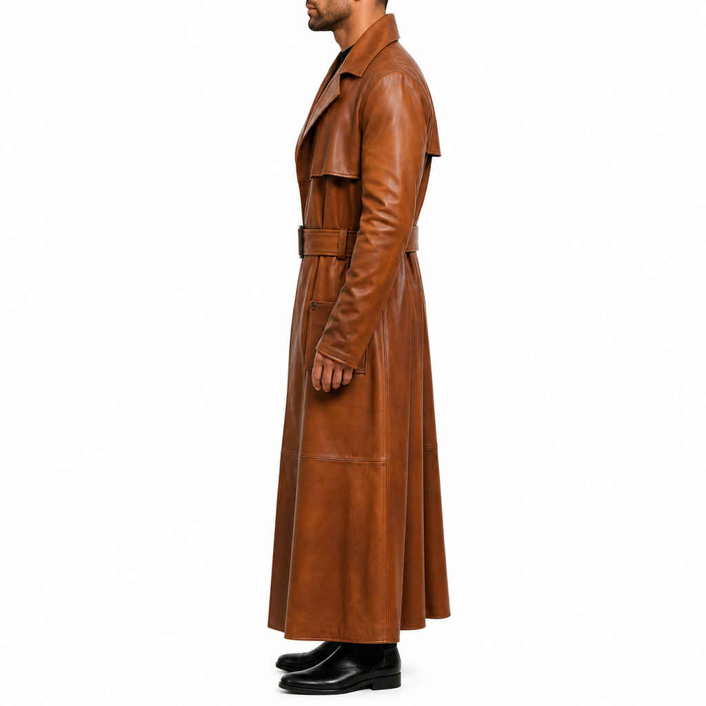 Men’s Peanut Brown Distressed Leather Duster Coat-3
