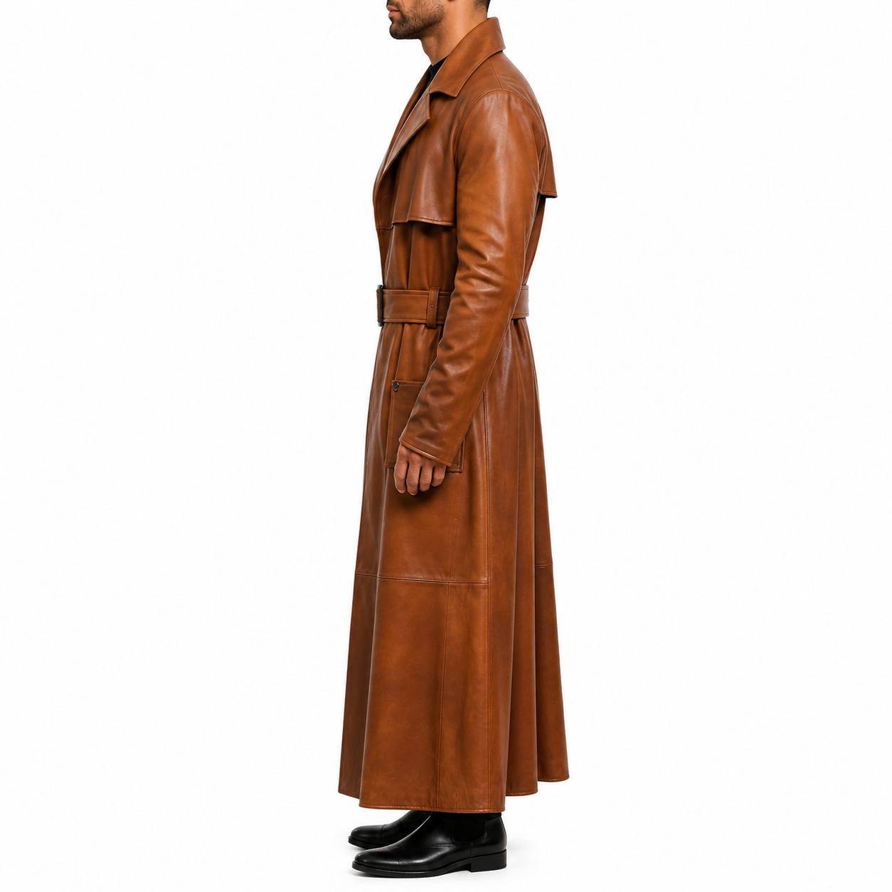Men’s Peanut Brown Distressed Leather Duster Coat-3