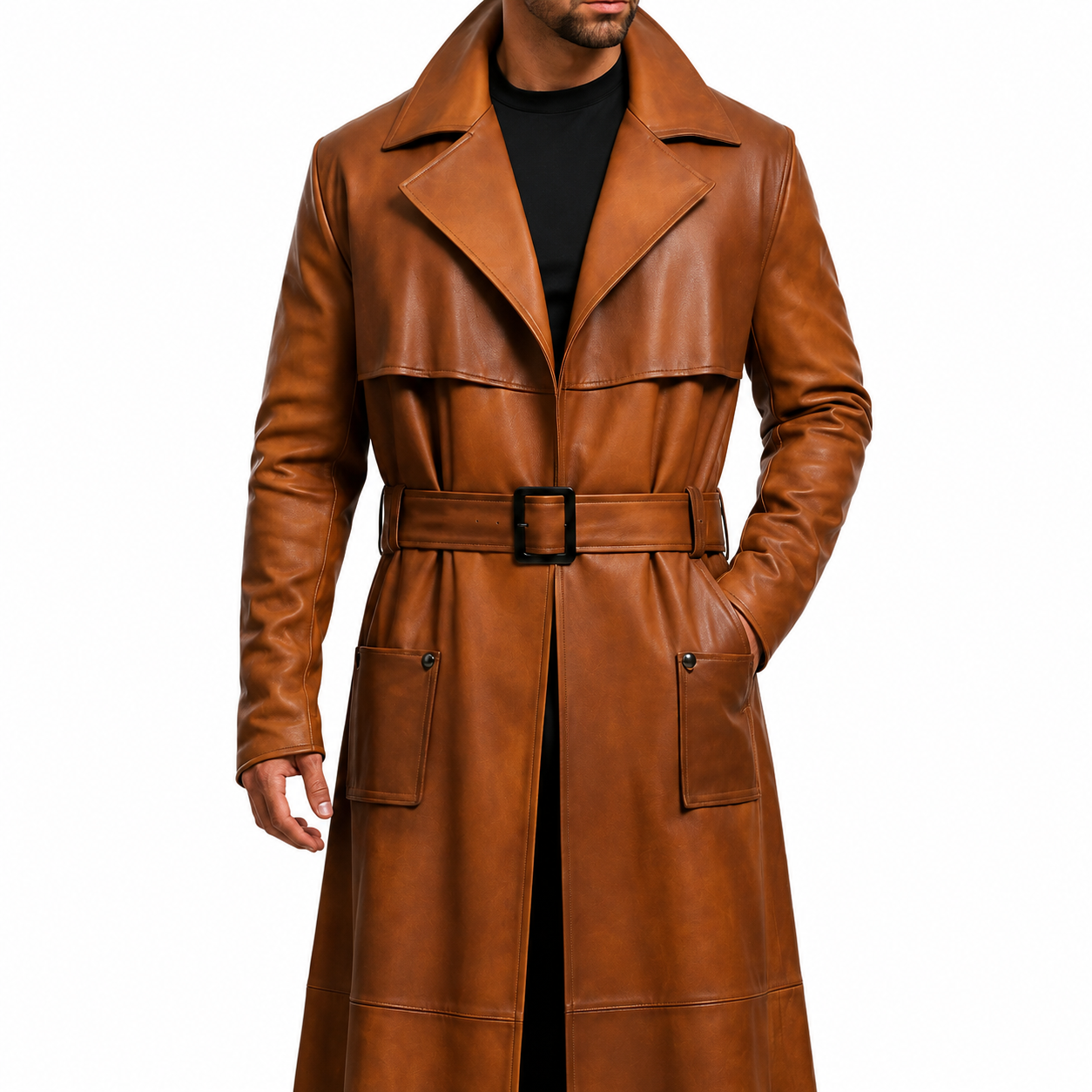 Men’s Peanut Brown Distressed Leather Duster Coat-4
