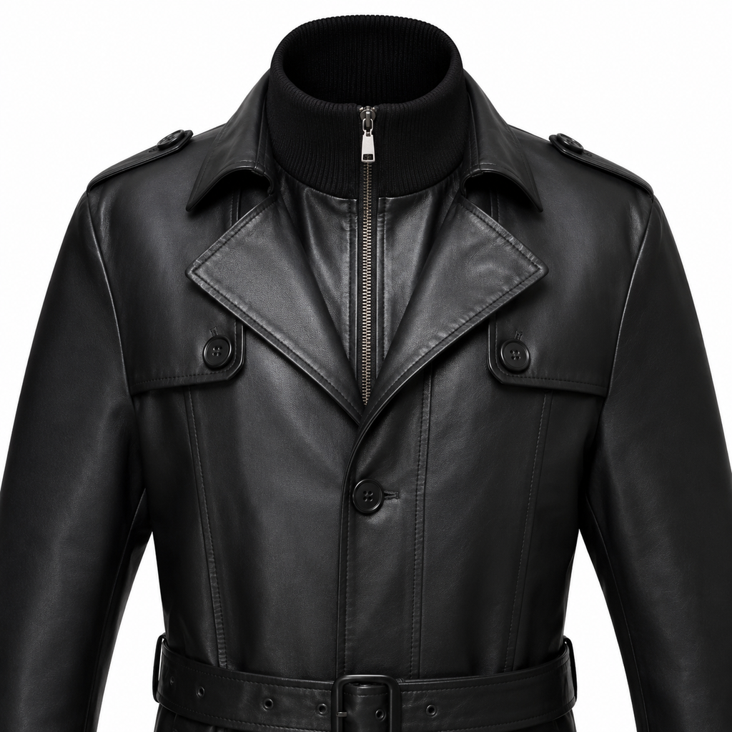 Mens Sheepskin Leather Trench Coat-4