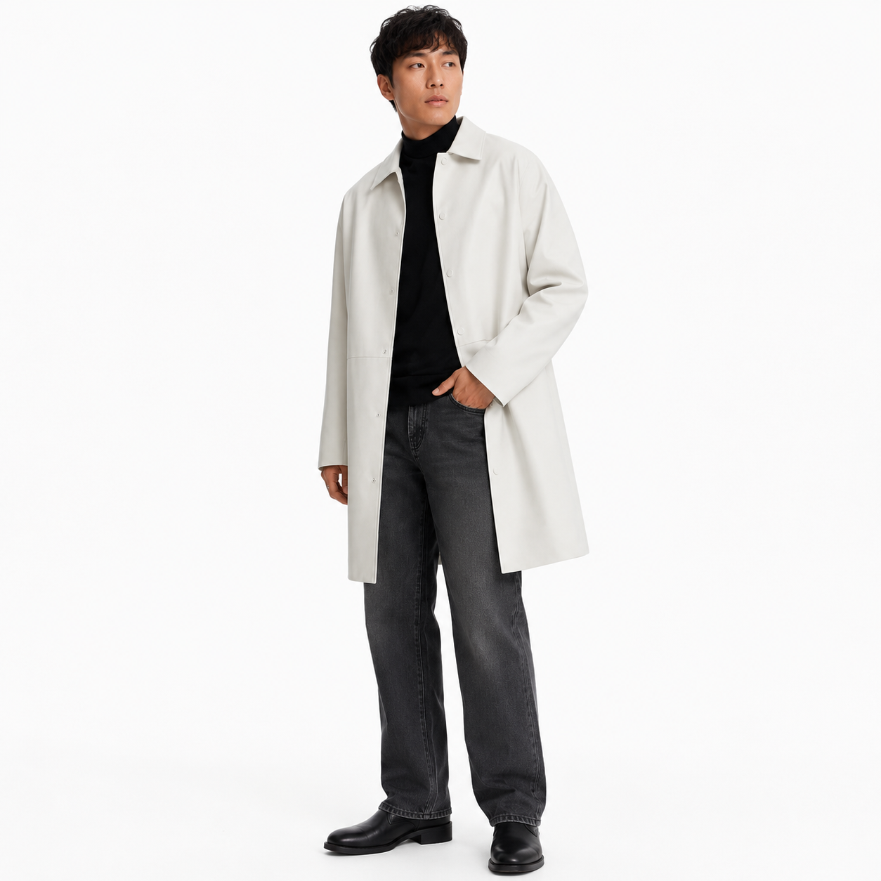 Mens White Cow Leather Trench Coat-0