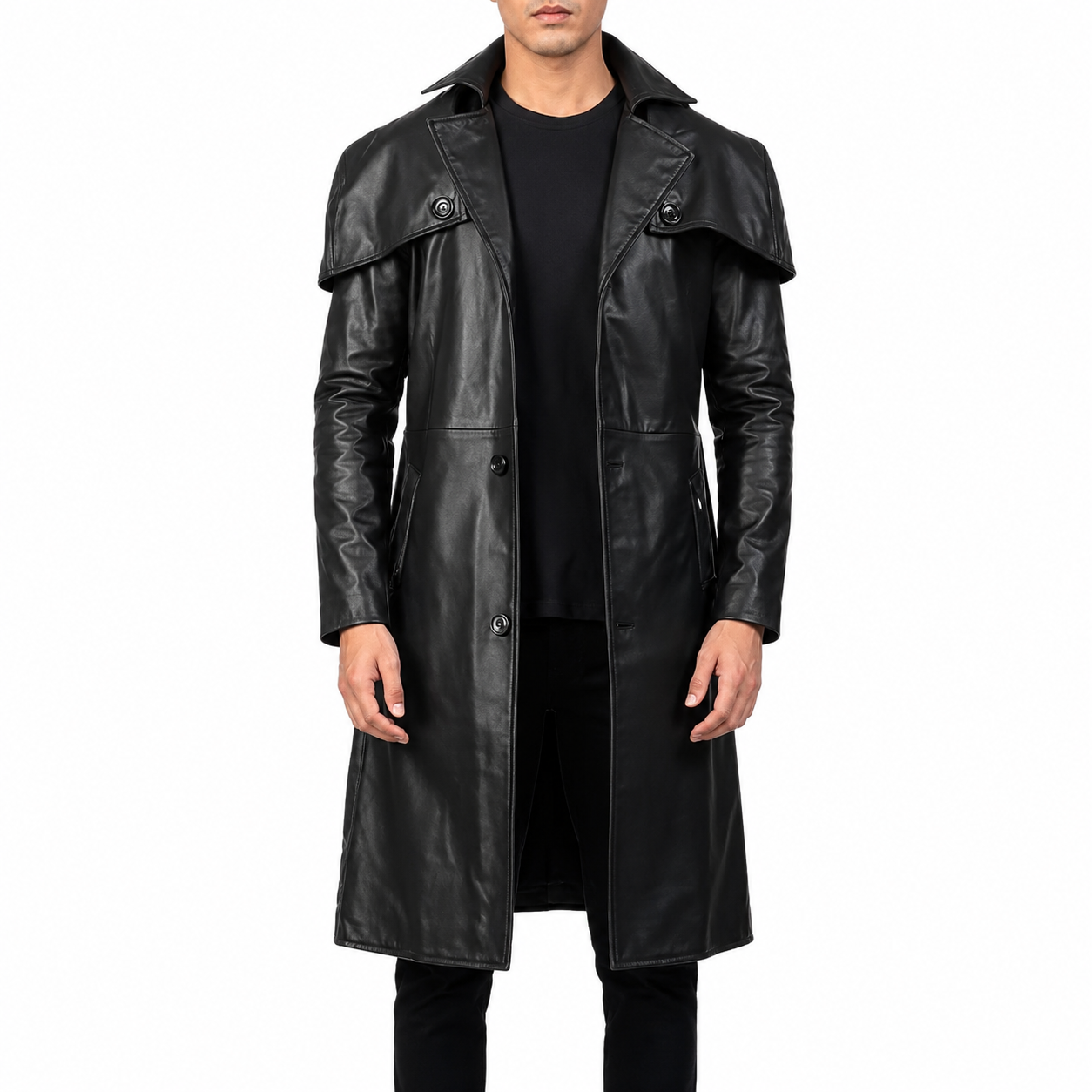 Men’s Black Leather Trench Coat-0