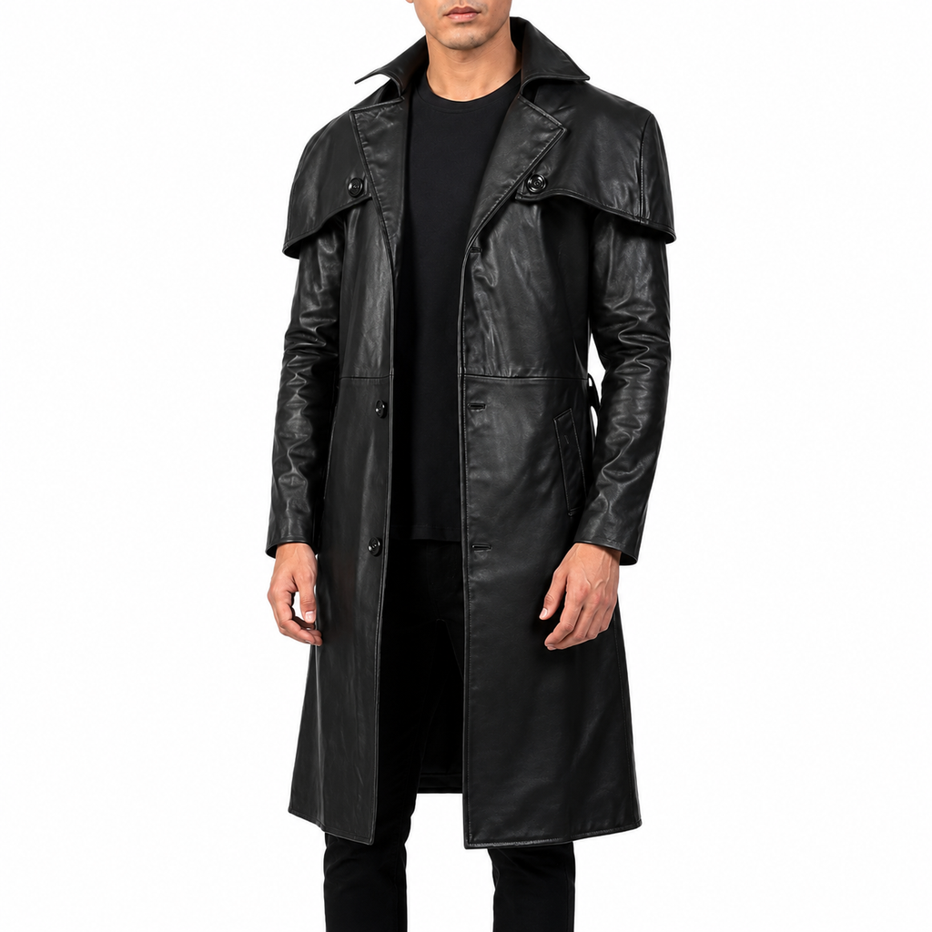 Men’s Black Leather Trench Coat-2