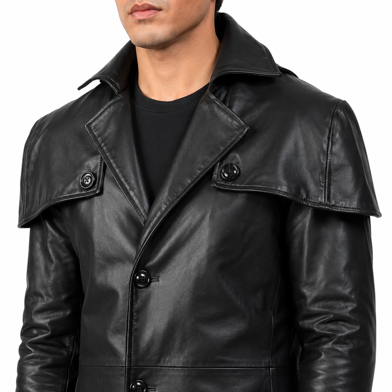 Men’s Black Leather Trench Coat-4