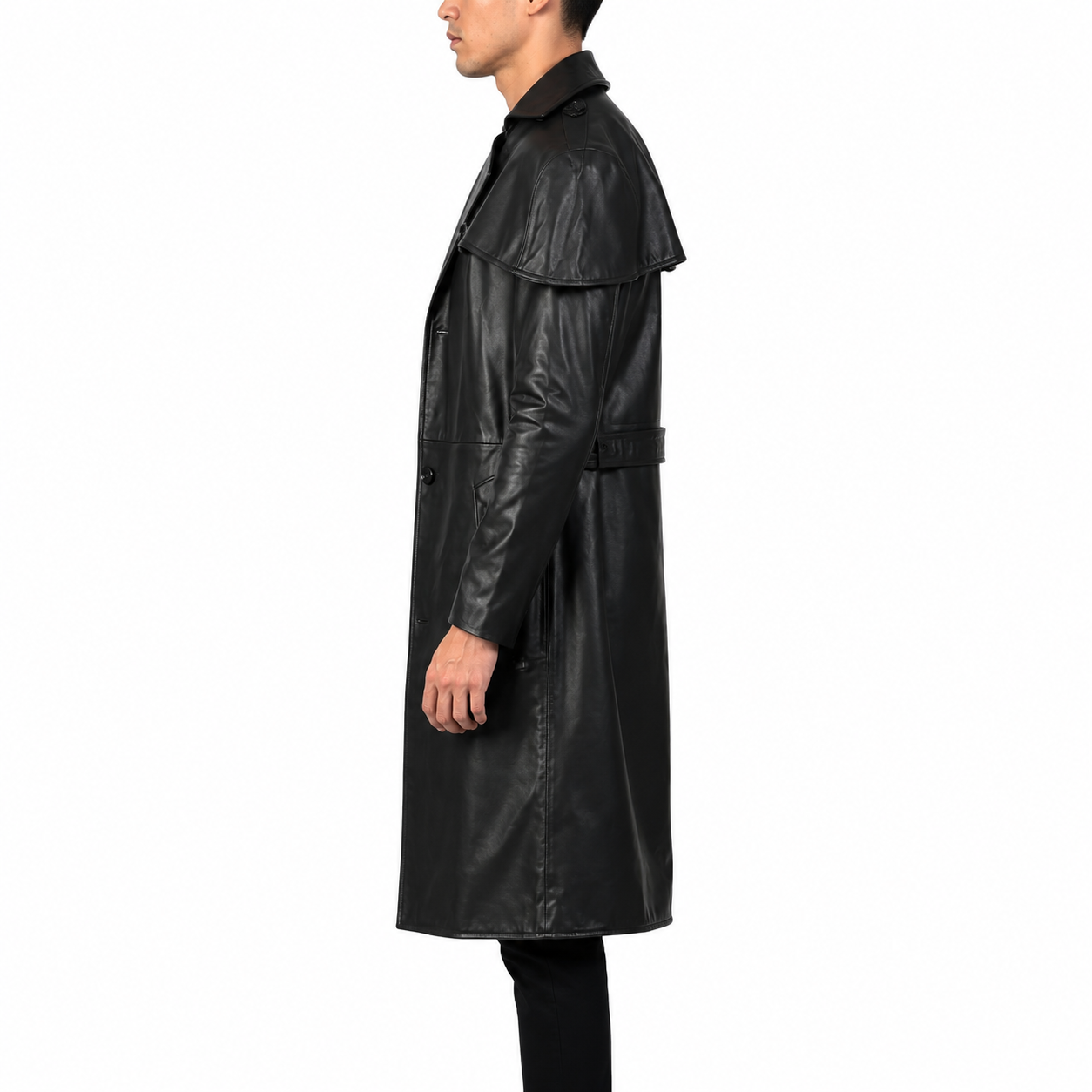 Men’s Black Leather Trench Coat-3