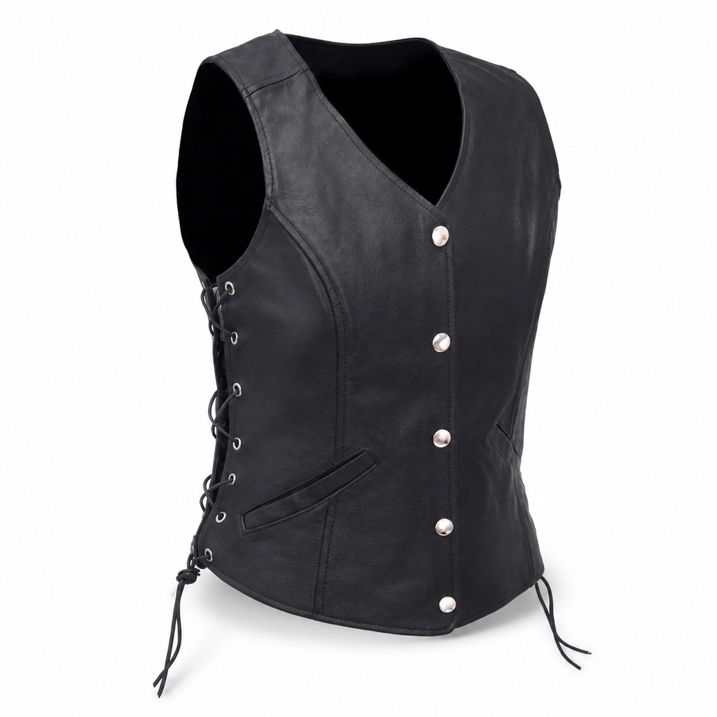 Women’s Black Leather Biker Vest-0