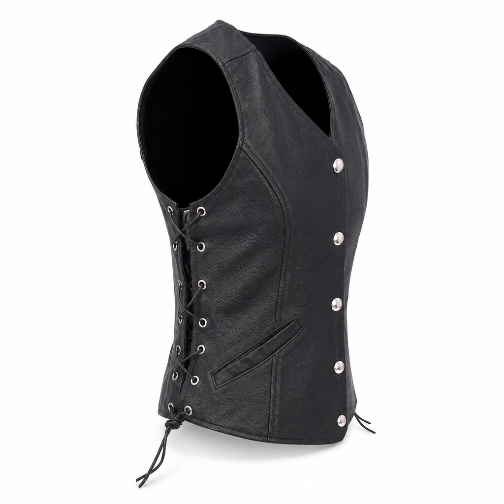 Women’s Black Leather Biker Vest-2