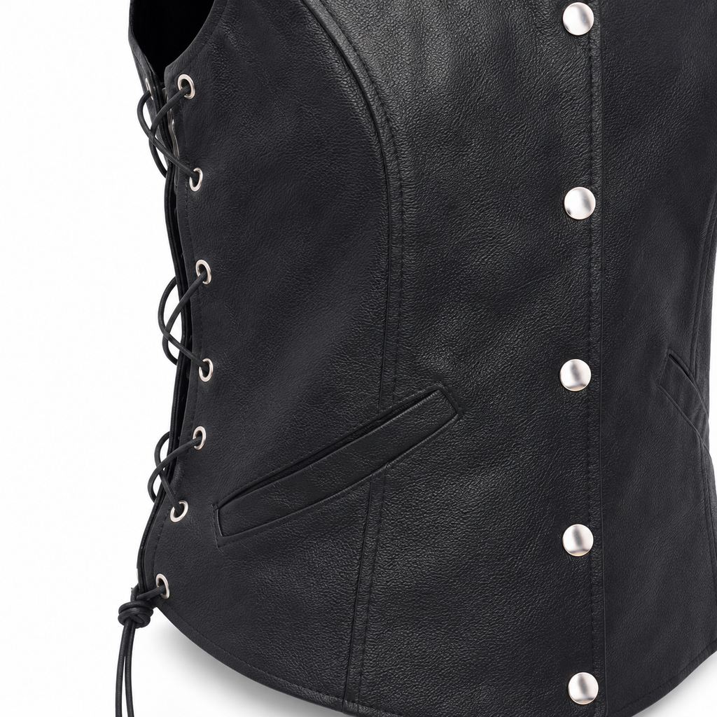 Women’s Black Leather Biker Vest-3
