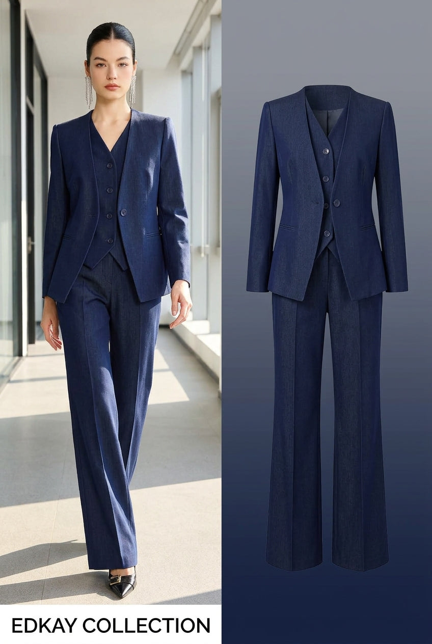 The Kensington Three-Piece Collar-Free Suit – Navy-1