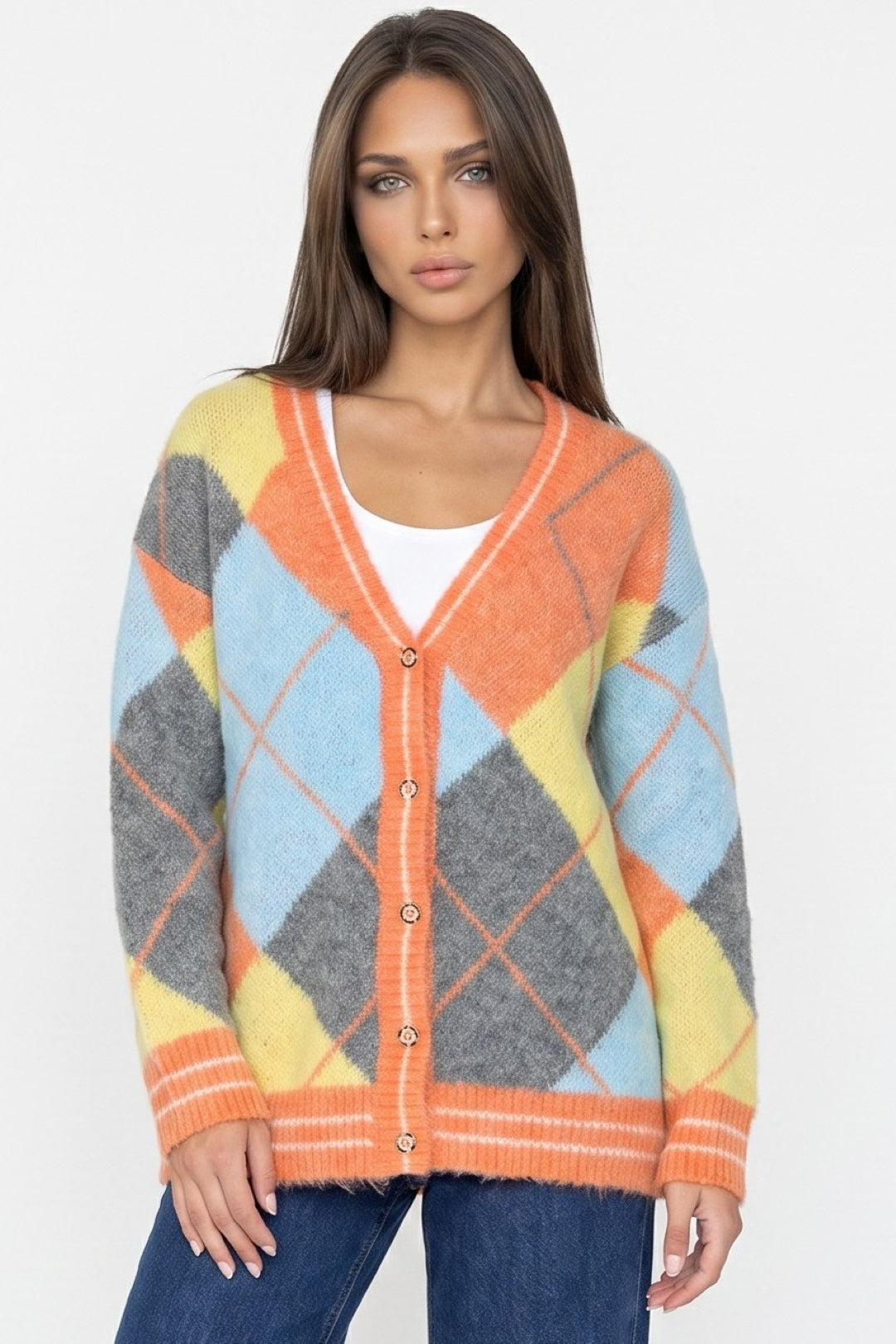 Orange Argyle Wool‑Blend Knit Cardigan-0