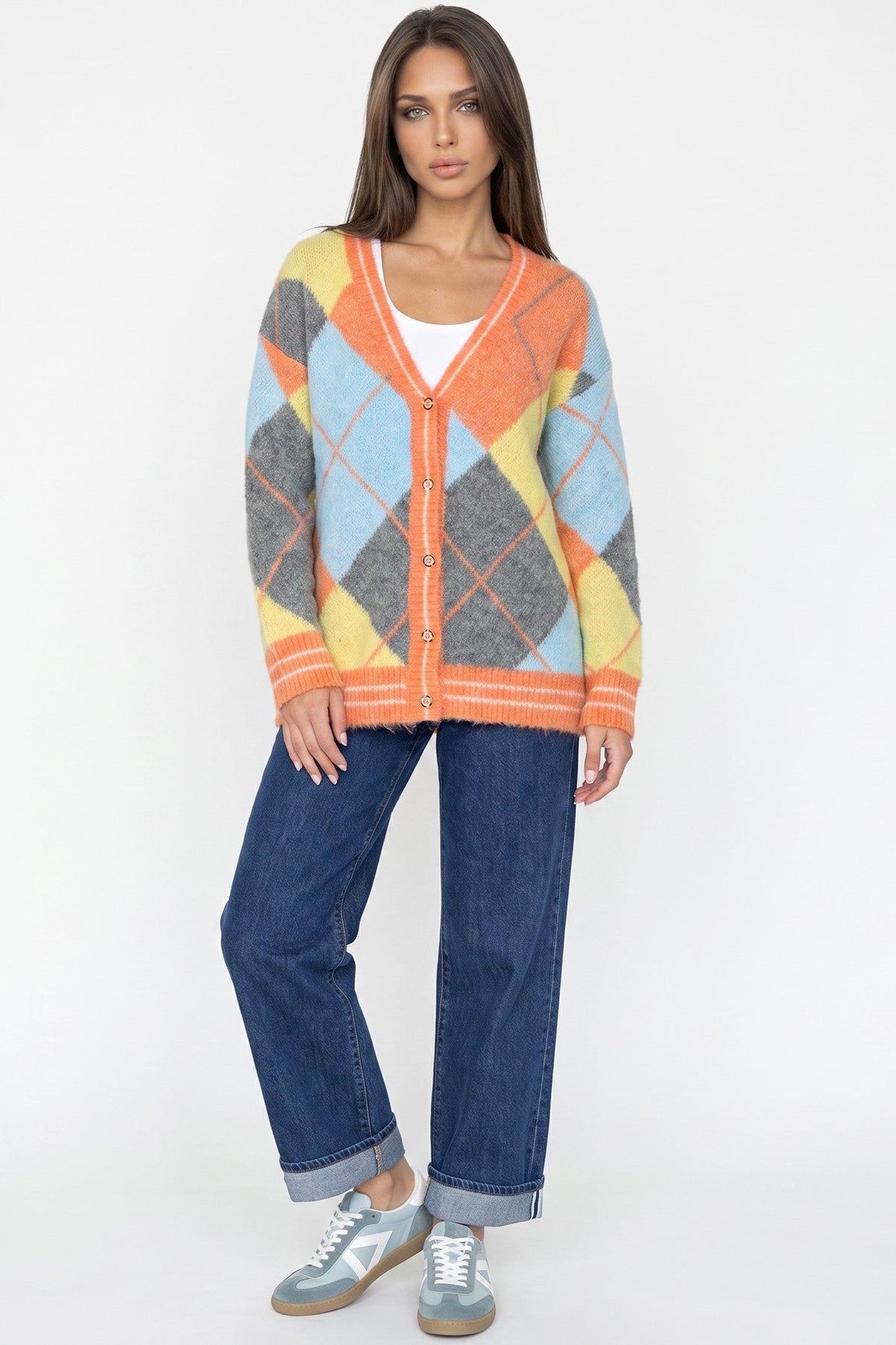 Orange Argyle Wool‑Blend Knit Cardigan-1