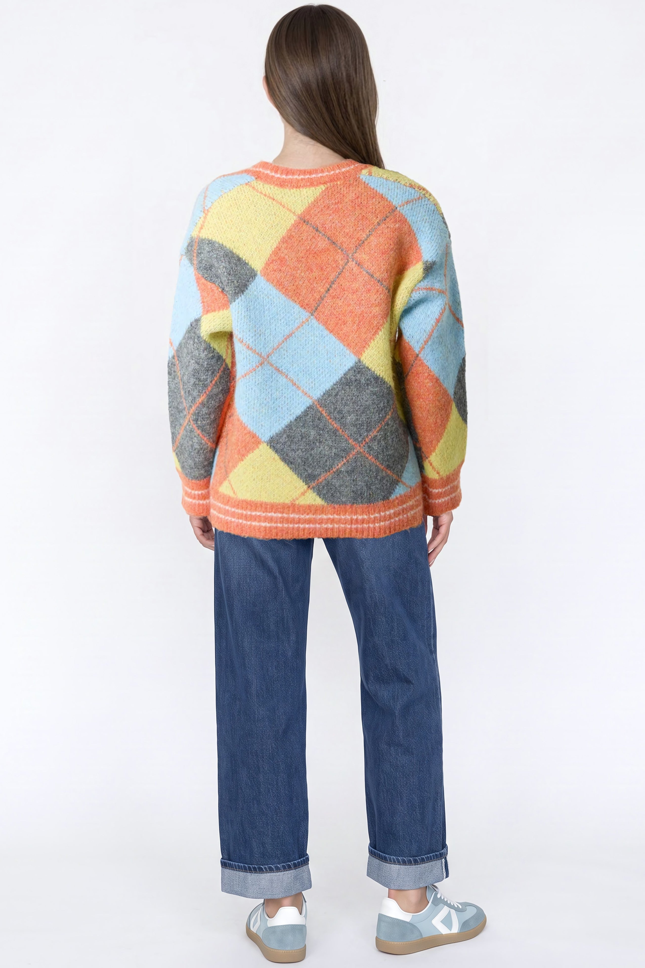 Orange Argyle Wool‑Blend Knit Cardigan-2