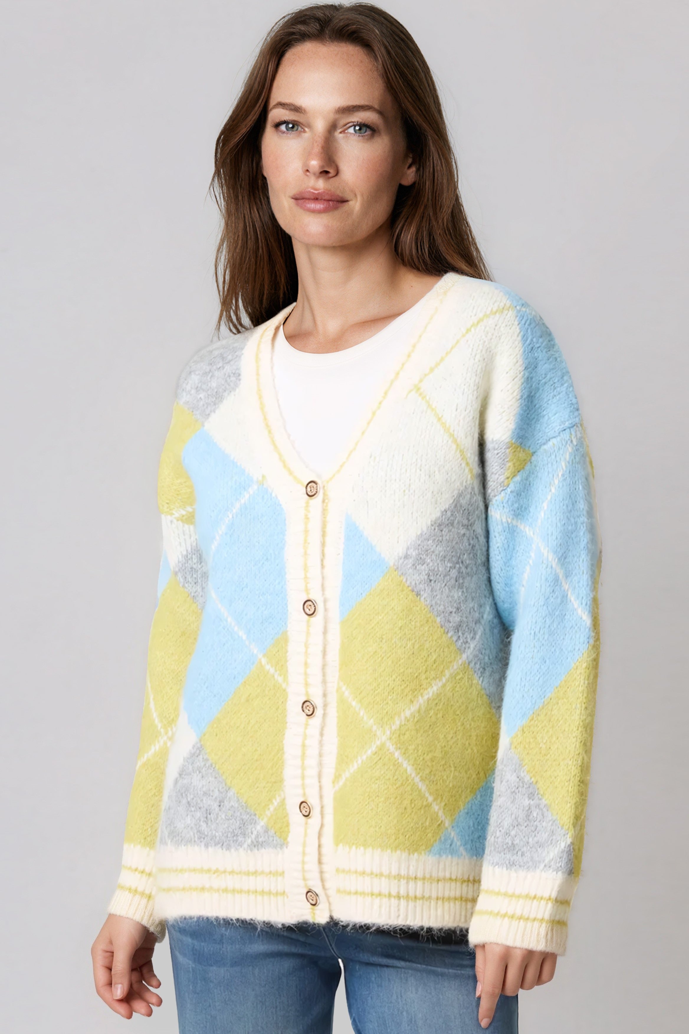 Lime Argyle Wool‑Blend Knit Cardigan-0