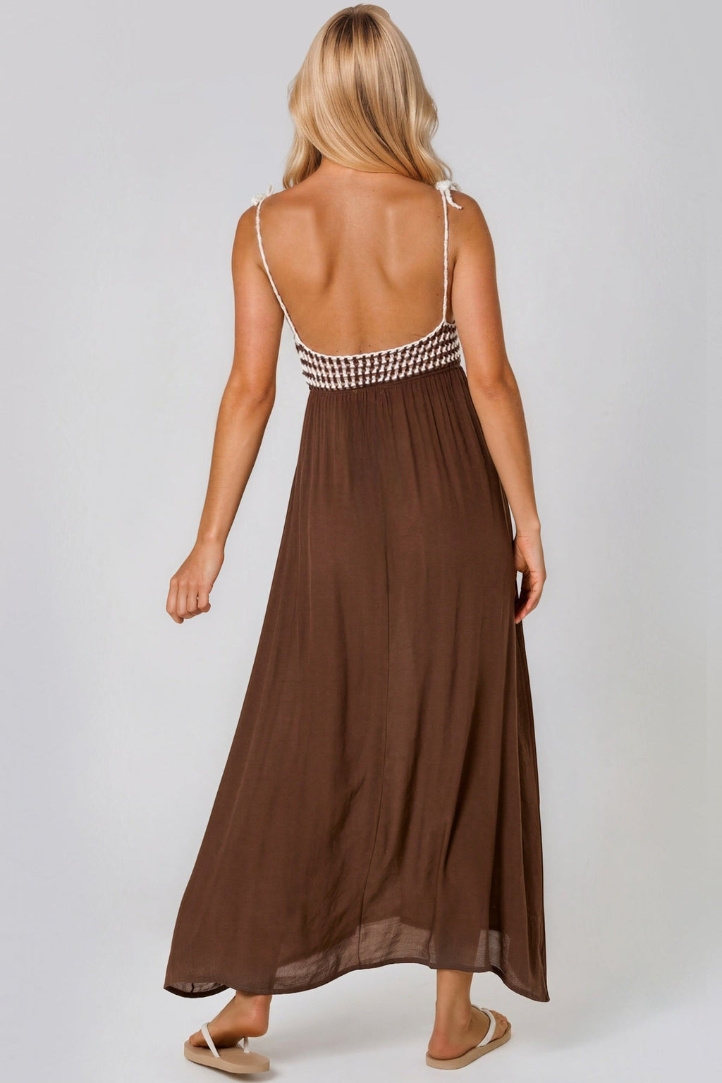 Brown Crochet Strappy Maxi Dress-2