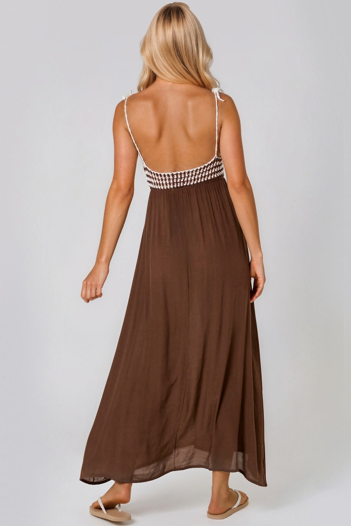 Brown Crochet Strappy Maxi Dress-2