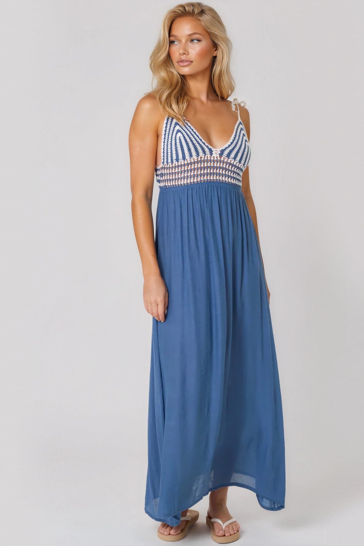 Blue Crochet Strappy Maxi Dress-0