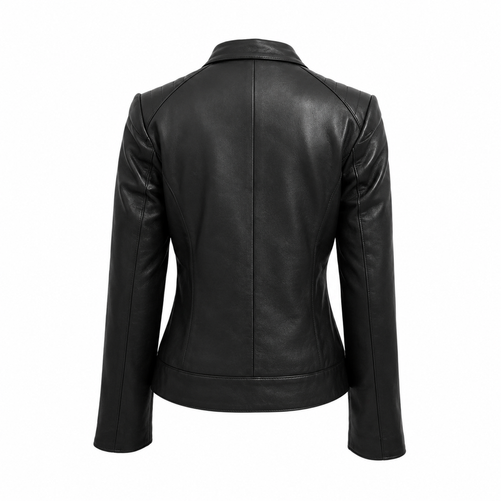 Women’s Black Zipper Biker Jacket with Lip Collar Leather-1
