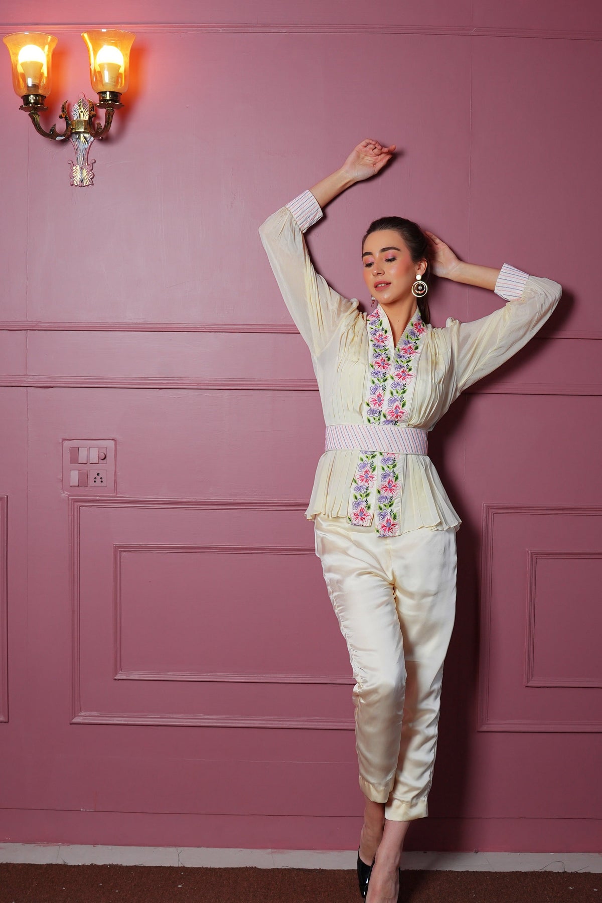 Ivory Co-ord Set with Hand Embroidered Flower Design-1