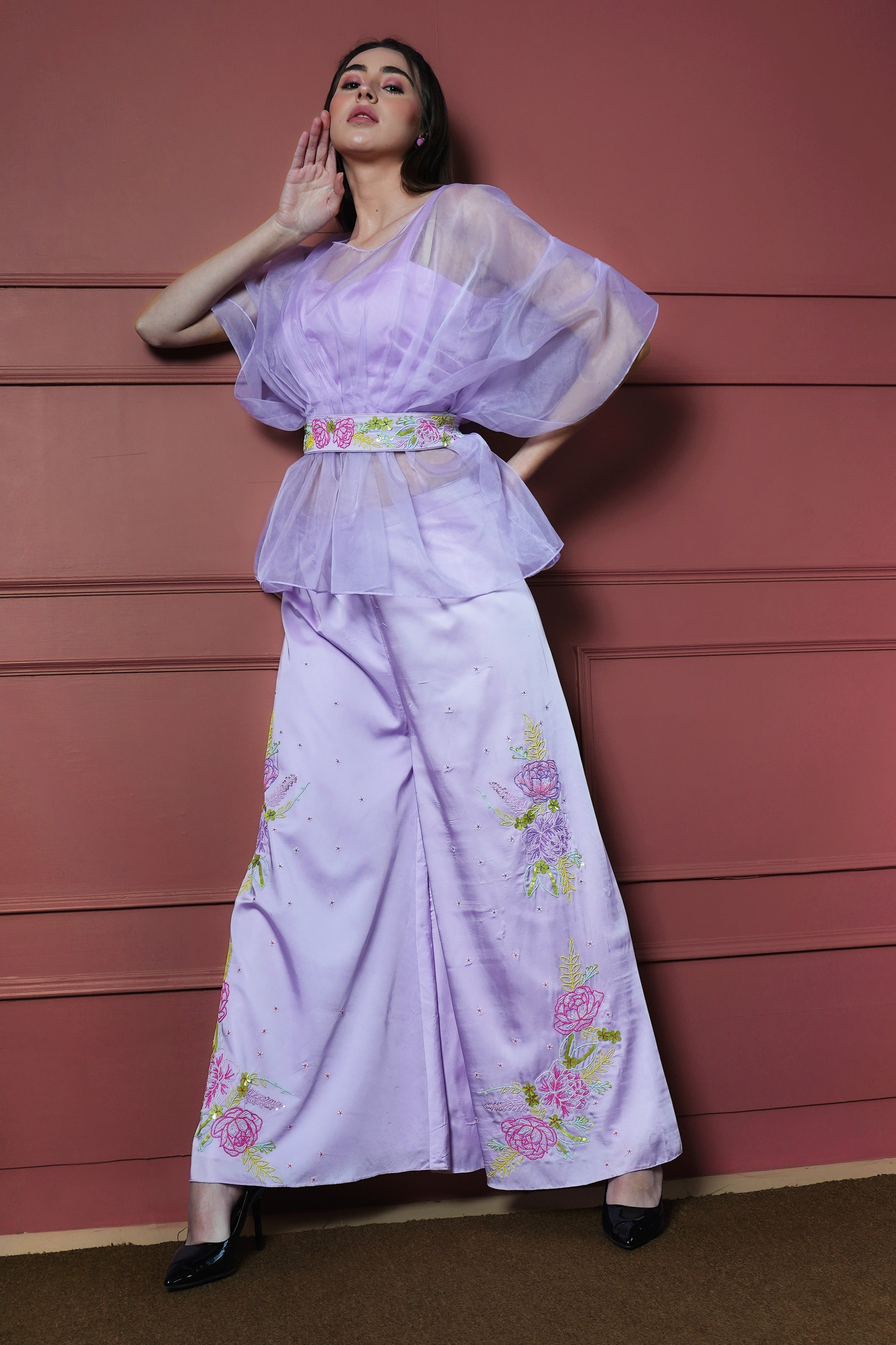 Lavender Co-ord Set with Hand-Embroidered Floral Design-1