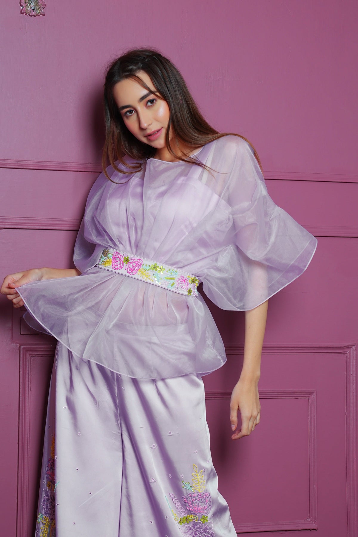 Lavender Co-ord Set with Hand-Embroidered Floral Design-3