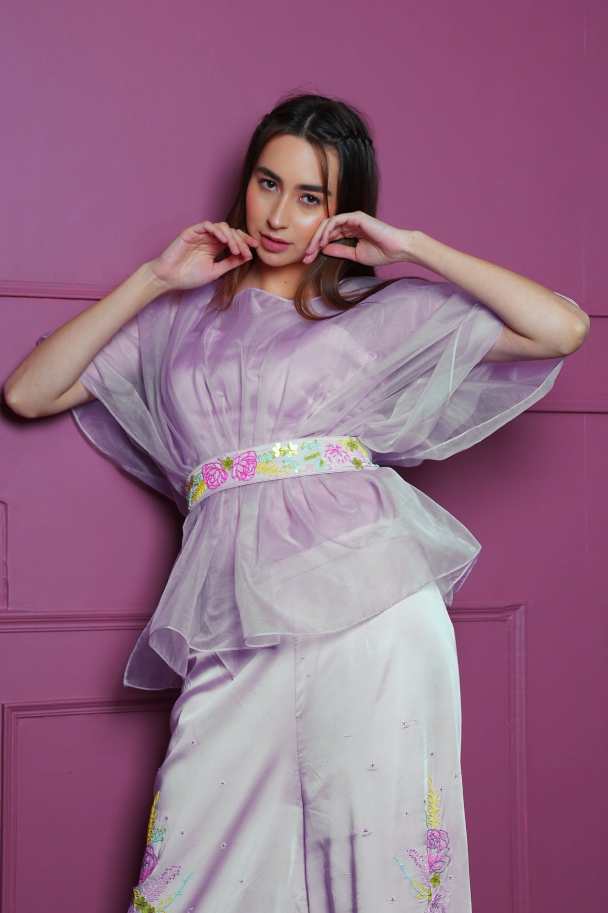 Lavender Co-ord Set with Hand-Embroidered Floral Design-0