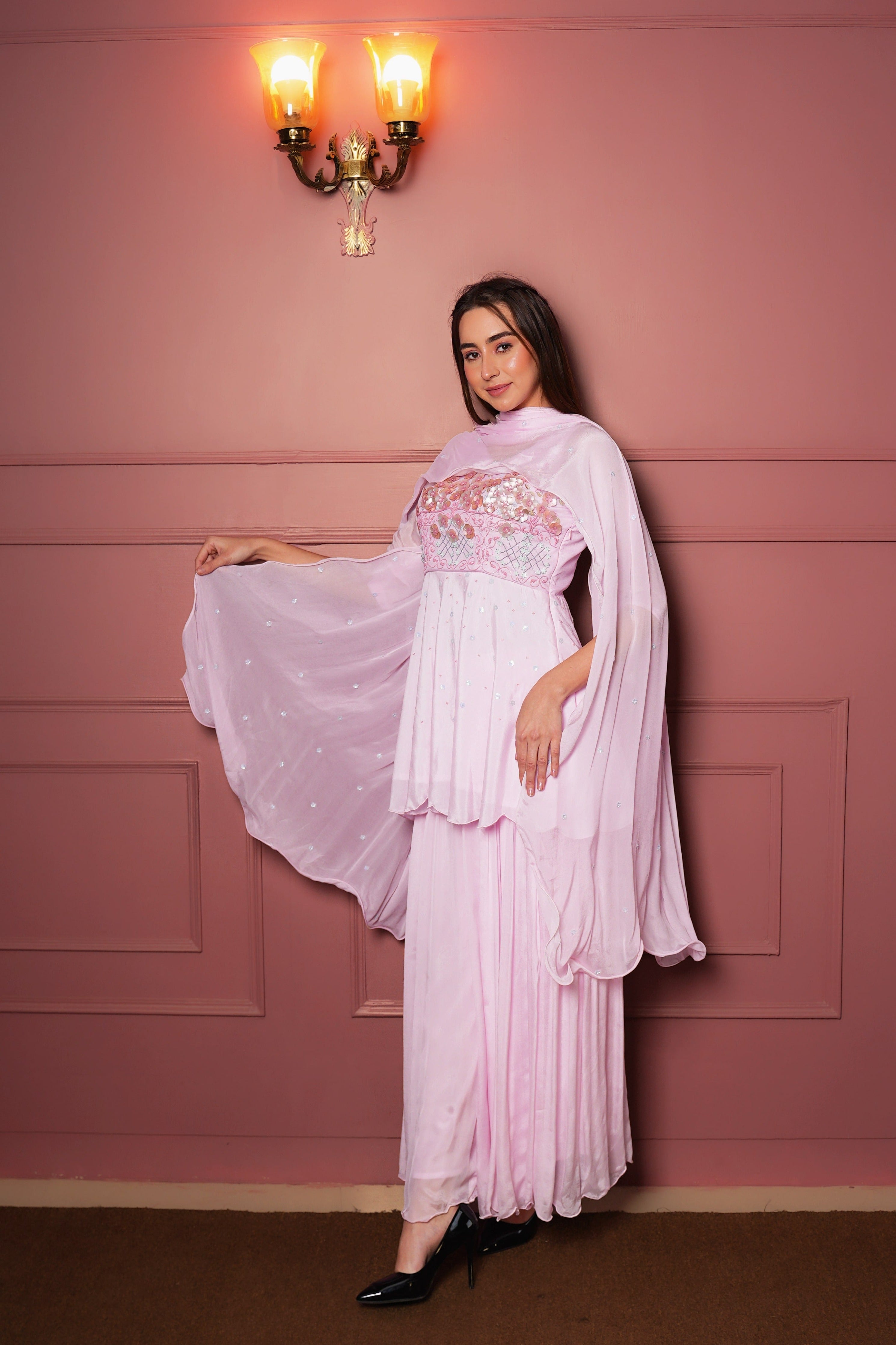 Baby Pink Sharara Set with Hand Embroidered Floral Design-4