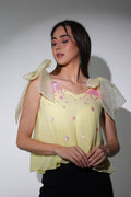Lemon Yellow Georgette Top with Hand-Embroidered Sequin Florals-0