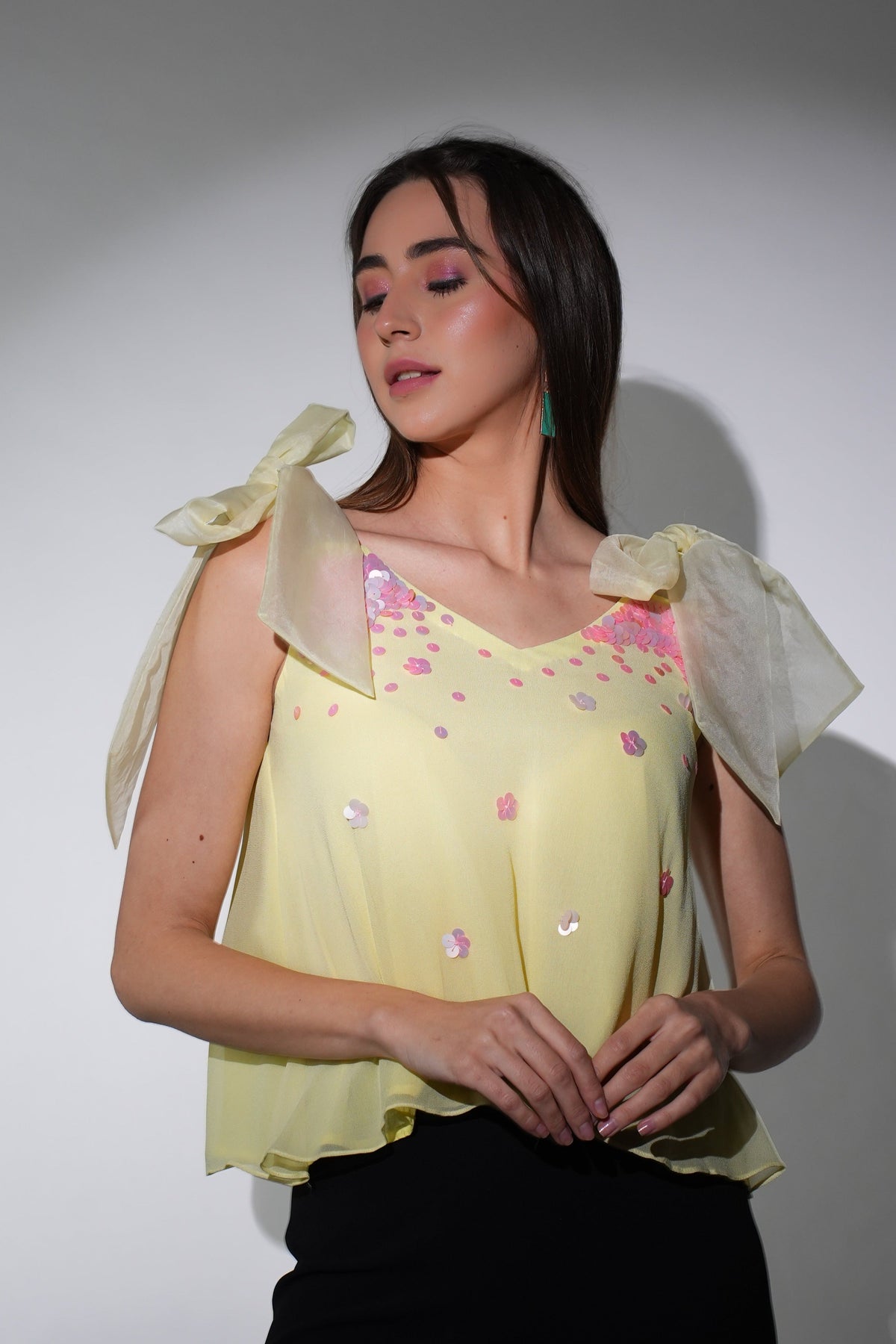 Lemon Yellow Georgette Top with Hand-Embroidered Sequin Florals-0