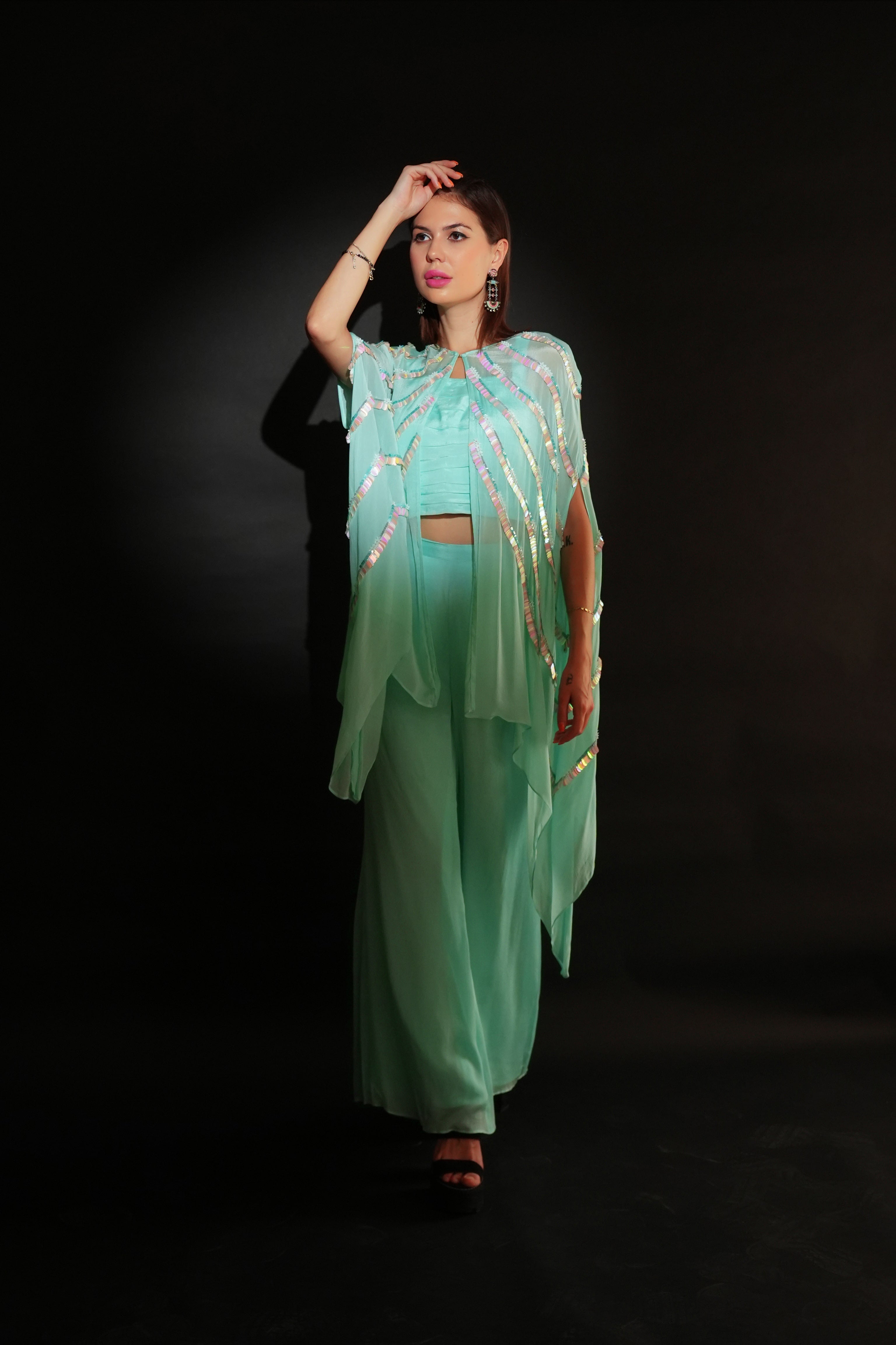 Ice Blue Chiffon Cape with Boot Cut Pants-2